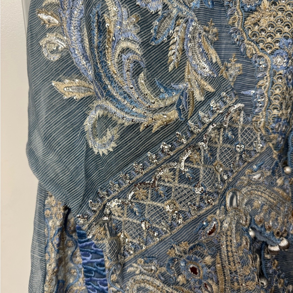 Luxury Blue Net Embroidered Kameez Set ( 4 piece ) - Picture 4 of 7